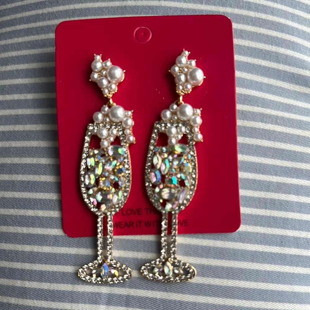 Elegant  Champagne Glass Earrings Rhinestone & Pearl